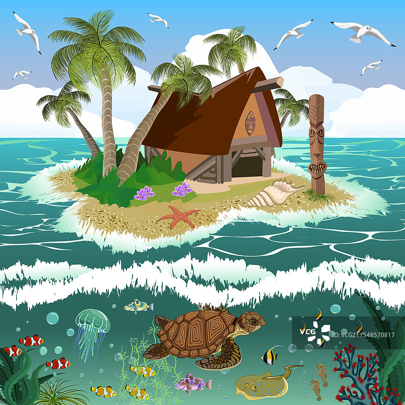 海洋中的小岛上的小屋图片素材