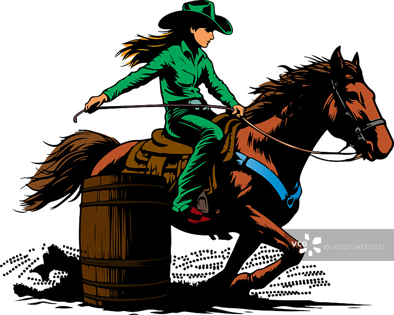 年轻女孩骑手参加马术竞技中的桶赛图片素材