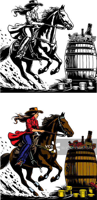 年轻女孩骑手参加马术竞技中的桶赛图片素材