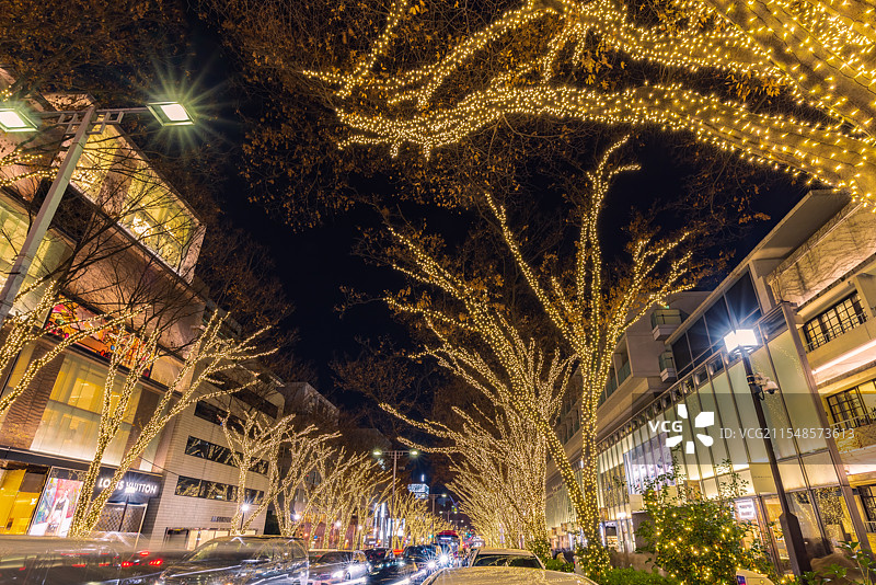 表参道街道被圣诞灯光照亮的夜景图片素材