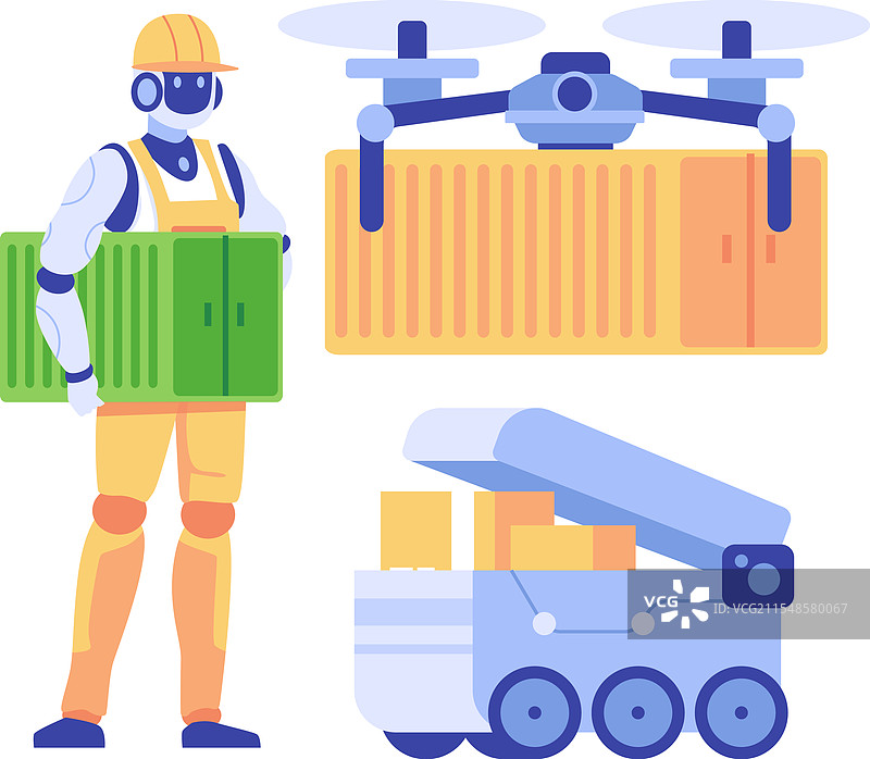 送货机器人与无人机和纸箱图片素材