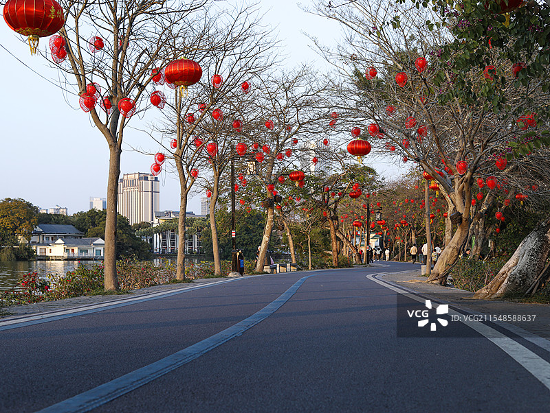 前进道路与悬挂满春节红灯笼的两旁树木的汽车背景图图片素材