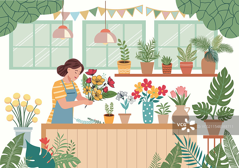 花店内部，摆满了植物和鲜花图片素材