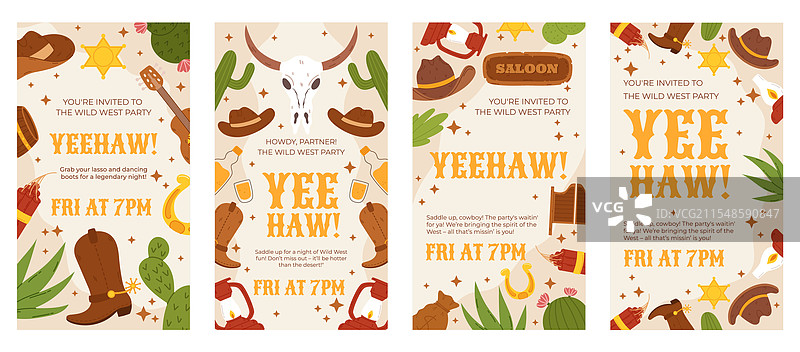 西部牛仔派对邀请函套装，配有牛仔帽图片素材