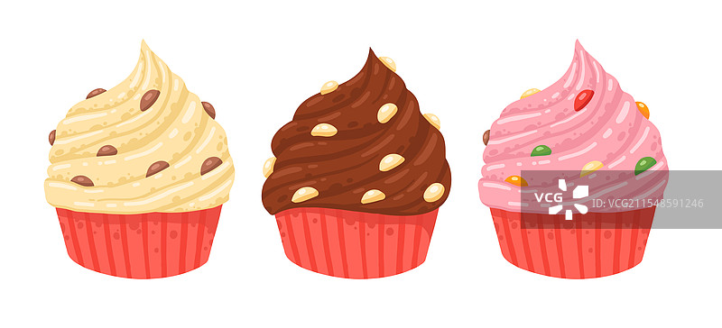 卡通杯子蛋糕，甜美的香草糕点图片素材