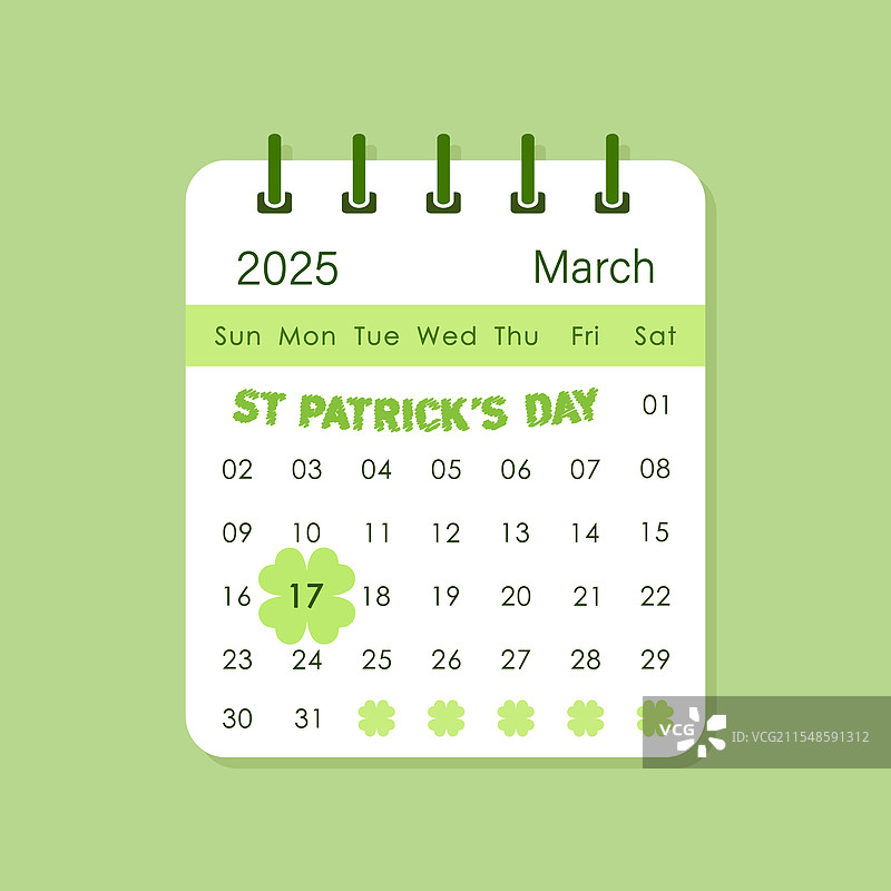 2025年3月的日历页面，包含圣帕特里克节图片素材
