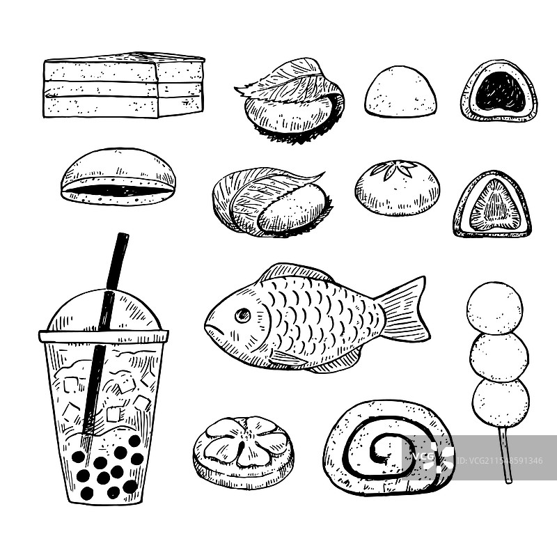 传统亚洲甜点：团子、鲷鱼烧、麻糬图片素材