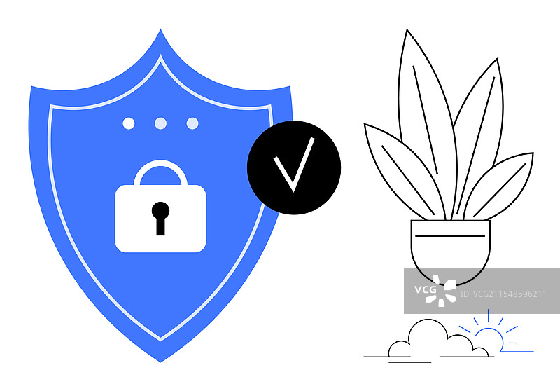 蓝色盾牌上的网络安全挂锁与植物图片素材