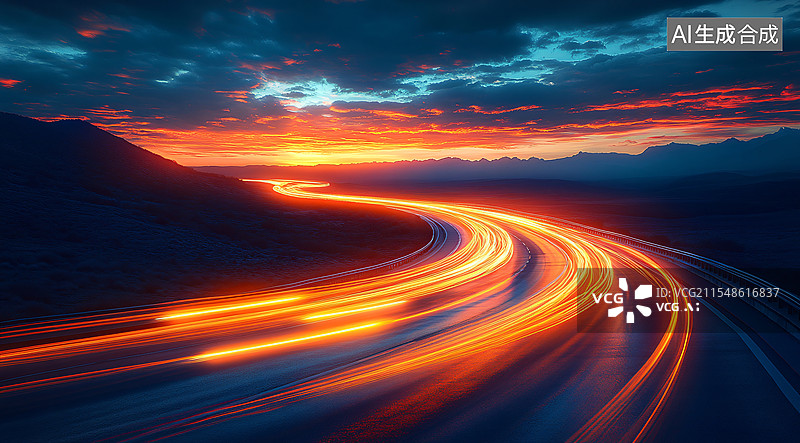 【AI数字艺术】公路上行驶的汽车尾灯，光线，光轨，汽车图片素材