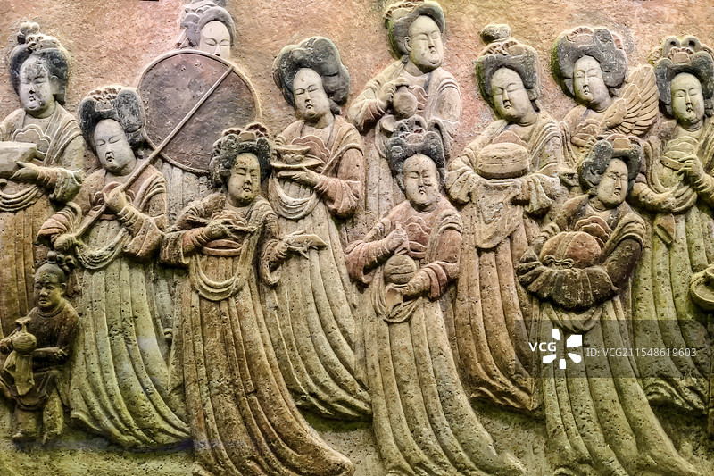传统文化，五代时期壁画，彩绘散乐浮雕图片素材