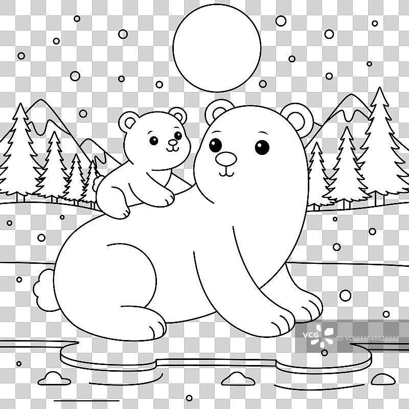 北极熊和幼崽轮廓涂色页图片素材