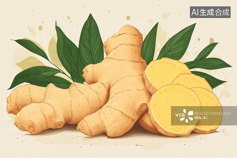 【AI数字艺术】新鲜采摘切片的生姜图片素材