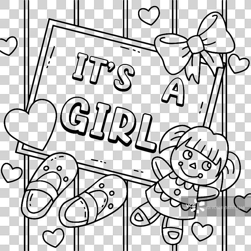 女孩出生派对儿童涂色页图片素材
