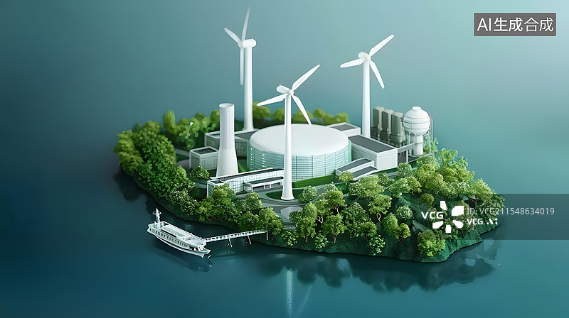 【AI数字艺术】白色的风力发电机和发电站建筑模型图片素材