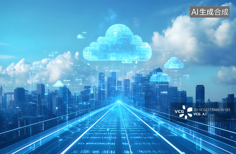 【AI数字艺术】悬臂桥上，远处的摩天大楼与蓝天白云构成壮丽的城市画卷。蓝天白云，概念大都市，城市道路图片素材