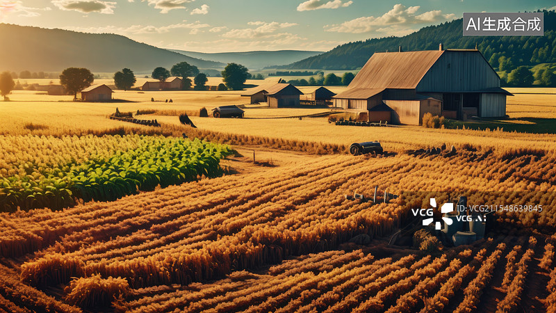【AI数字艺术】农场风光：农场里，大片的农作物整齐排列。谷仓里堆满了粮食，拖拉机停在院子里。图片素材