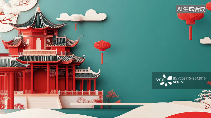 【AI数字艺术】中式传统古建筑风格剪纸背景图片素材