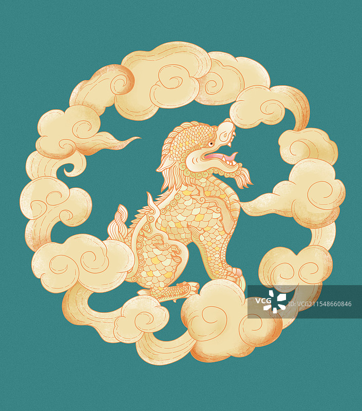 手绘国风祥云麒麟插画图片素材