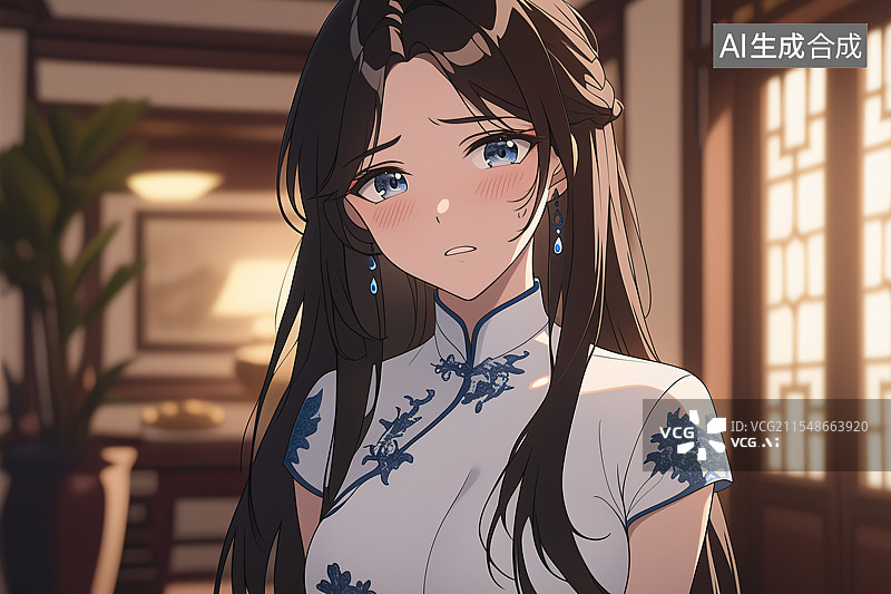 【AI数字艺术】插画中身着旗袍的美女站在中式现代装修的室内，融合优雅、文化与精致，适合作为小说或图书封面设计图片素材