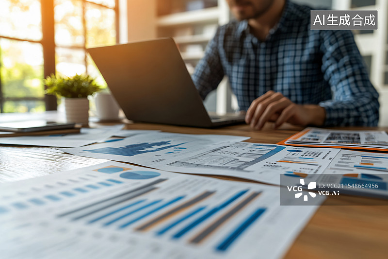 【AI数字艺术】桌上放着房屋模型和房地产投资分析图纸，代表房价、投资机会以及房地产市场中的建筑设计图片素材