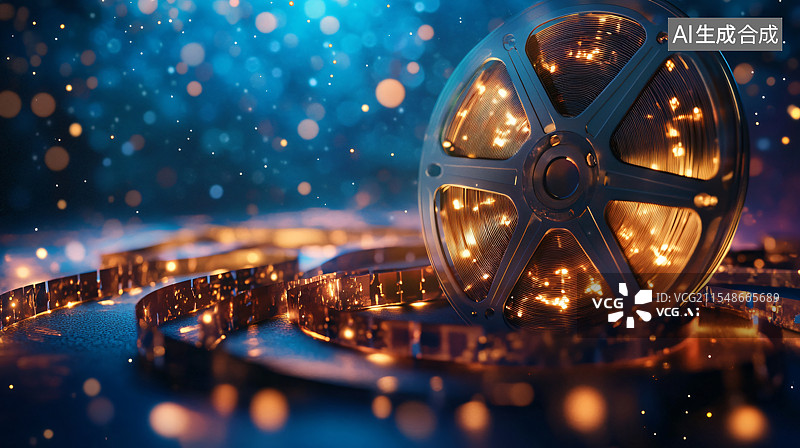【AI数字艺术】发光的电影胶片放映轮旋转，象征着娱乐产业、电影放映、票房成功以及影院中的电影魅力图片素材