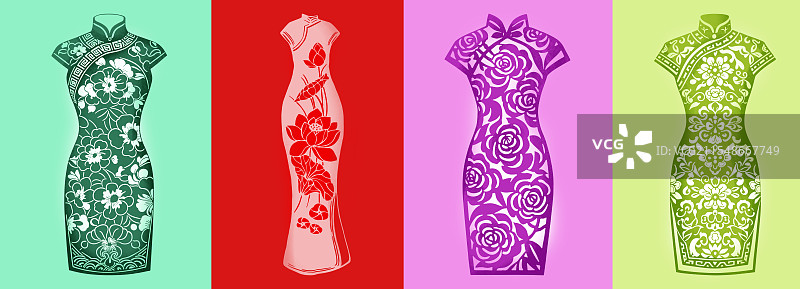 手绘国风剪纸风旗袍插画图片素材