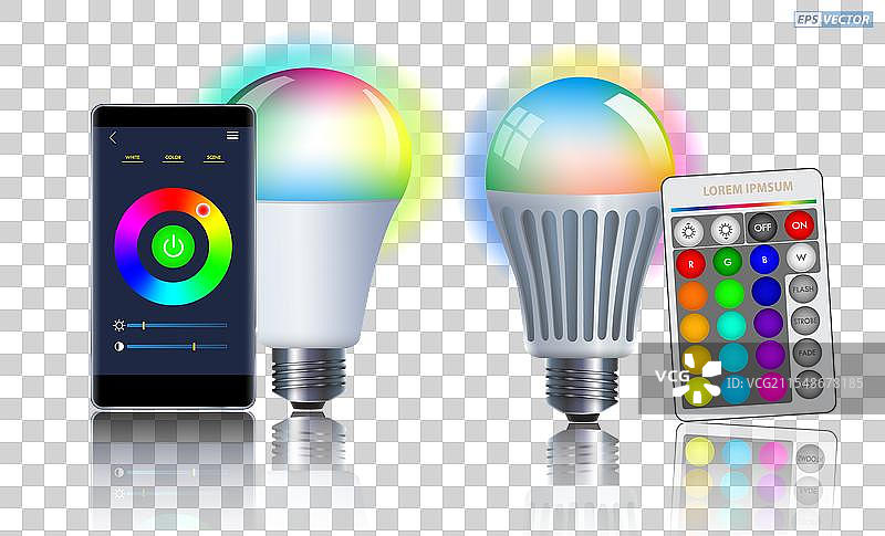 逼真的智能WiFi LED灯泡模型与智能手机图片素材