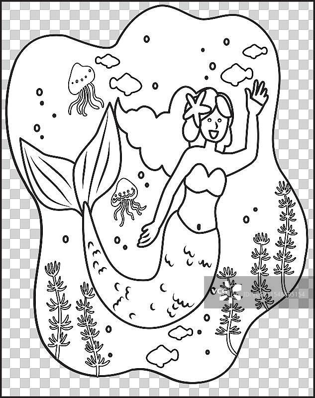 美人鱼涂色页用于涂色书图片素材