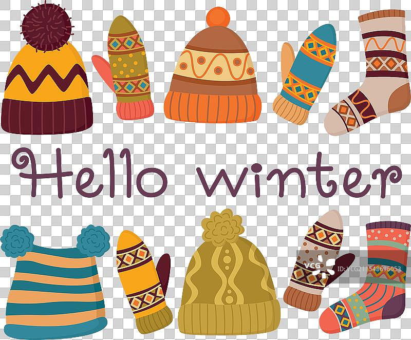 编织的彩色帽子、袜子和手套图片素材