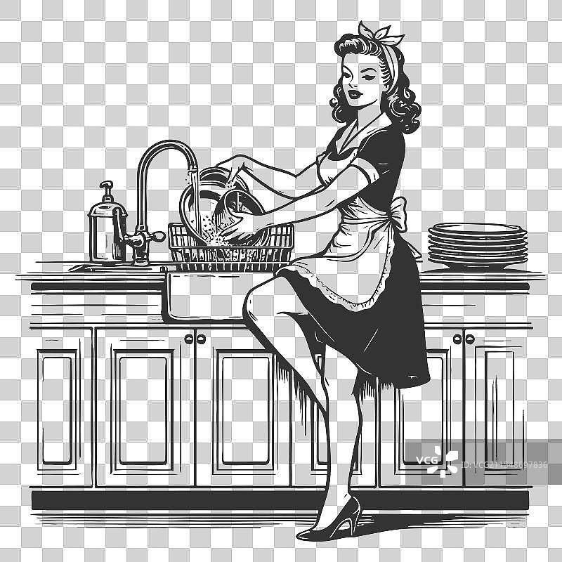 复古家庭主妇洗碗的素描图片素材