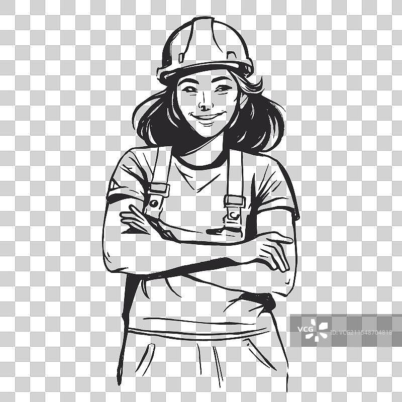 穿着安全头盔和工作服的女孩工人图片素材