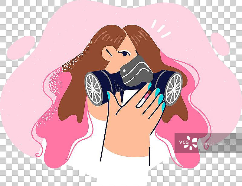 女性佩戴防毒面具以呼吸清新空气图片素材