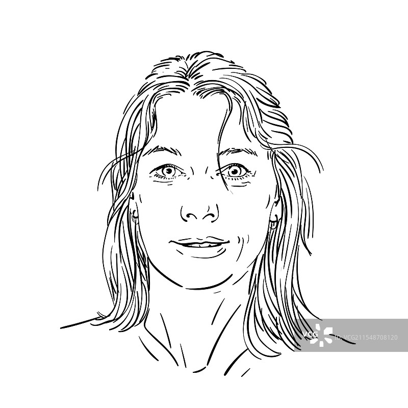 手绘女性肖像素描，黑色线条勾勒图片素材