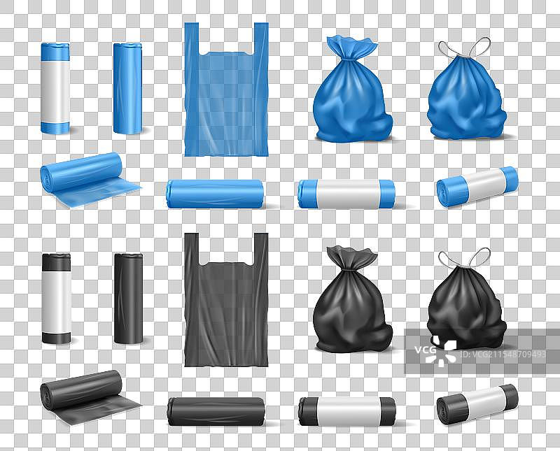 逼真的垃圾袋，卷装的空袋和装满的袋子图片素材
