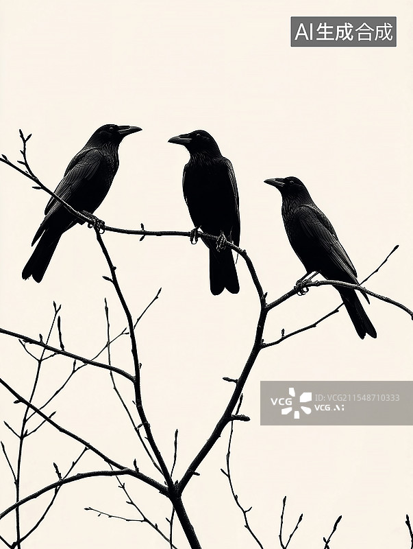 【AI数字艺术】暗色调树枝上的三只乌鸦图片素材