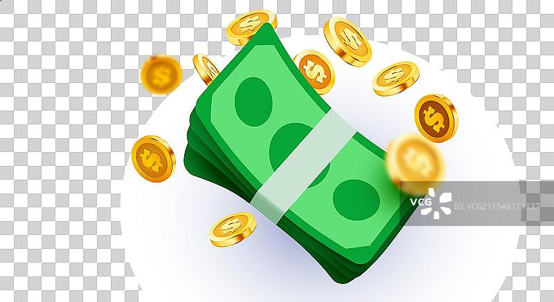 卡通货币符号、现金捆和飞舞的硬币图片素材