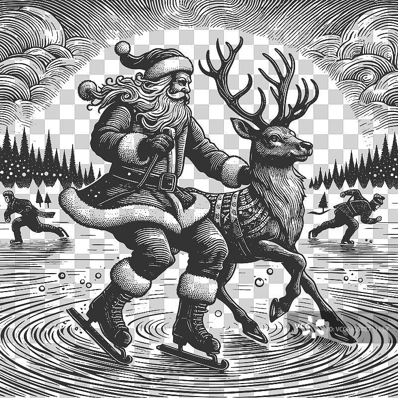 圣诞老人和驯鹿滑冰的雕刻图片素材