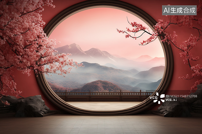 【AI数字艺术】红色中式庭院产品展台和窗外的山水风景图片素材