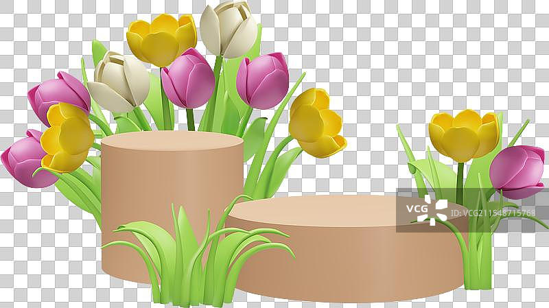 粉色花坛上的3D郁金香花束图片素材