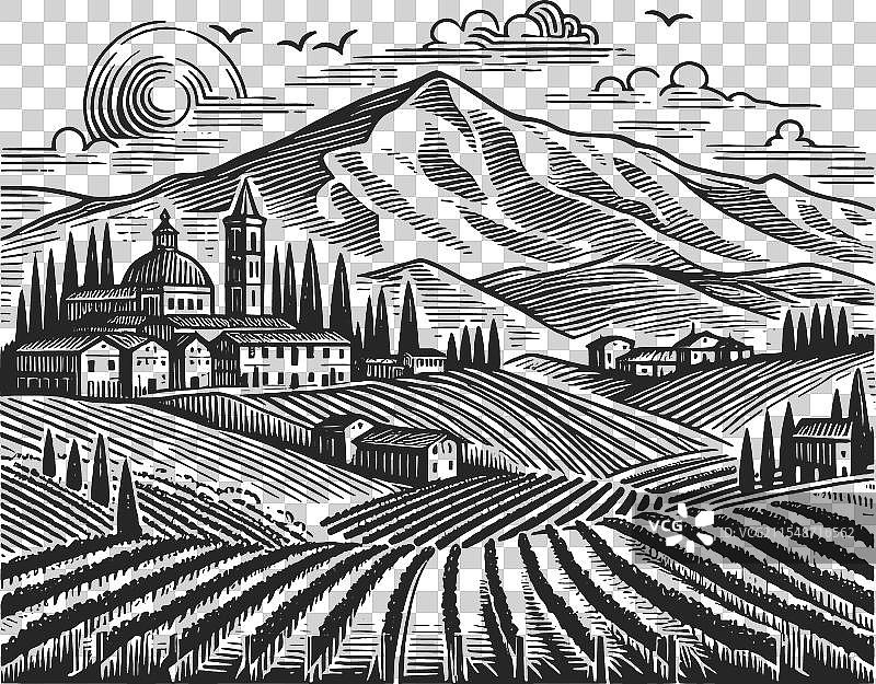 雕刻的托斯卡纳乡村葡萄园别墅图片素材