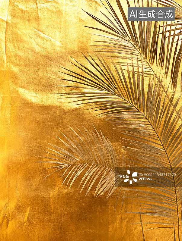 【AI数字艺术】金色背景上的金色质感散尾葵叶子图片素材
