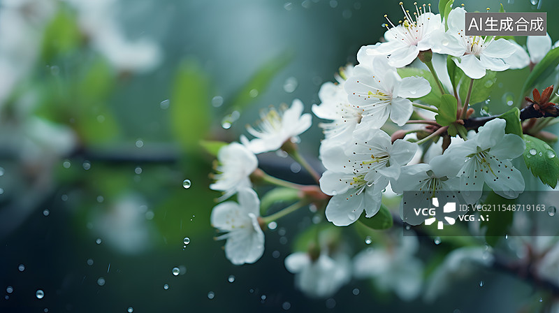【AI数字艺术】雨水滴落在白色樱花特写图片素材