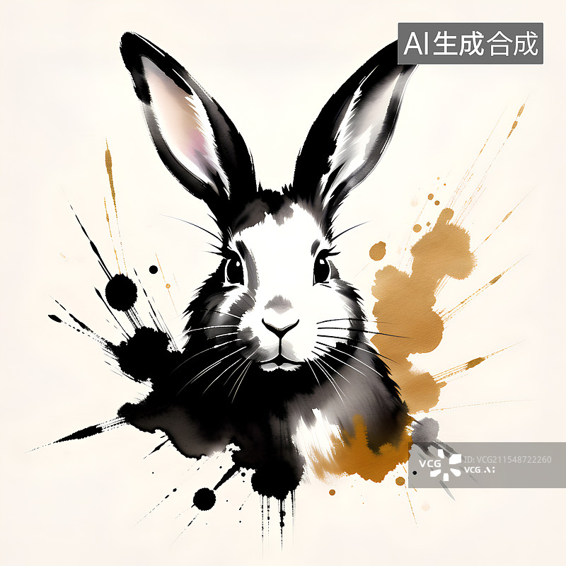 【AI数字艺术】十二生肖水墨画 生肖兔头部写意画图片素材