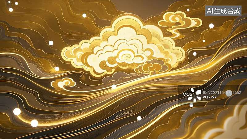 【AI数字艺术】墨色背景下的云纹流淌，金色祥云的唯美意境图片素材