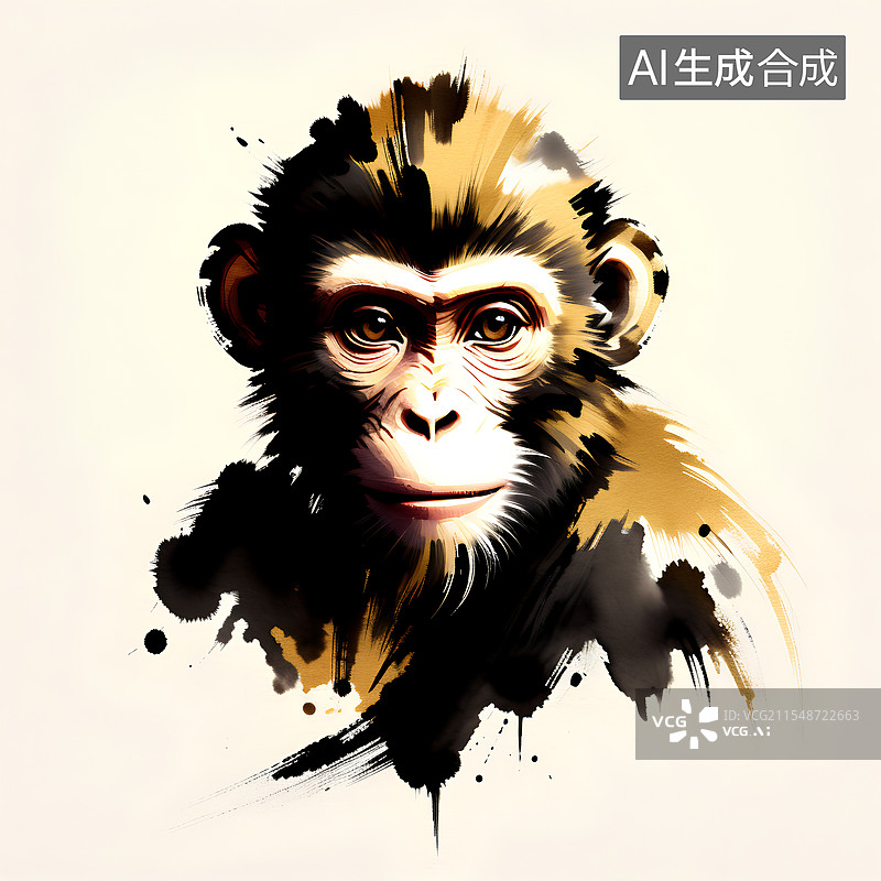 【AI数字艺术】十二生肖水墨画 生肖猴头部写意画图片素材