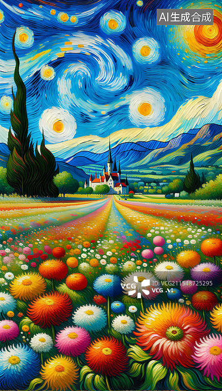 【AI数字艺术】梵高插画风格的彩色花朵图片素材