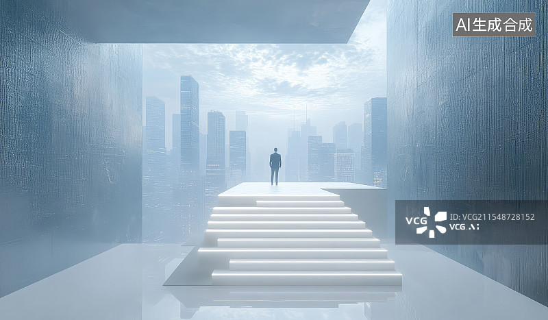 【AI数字艺术】商务人士站在城市上空的阶梯上图片素材