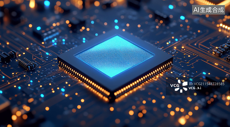 【AI数字艺术】发光处理器芯片科技感电路板结构特写图片素材