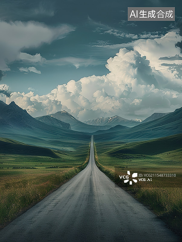 【AI数字艺术】绿意盎然的山野公路图片素材