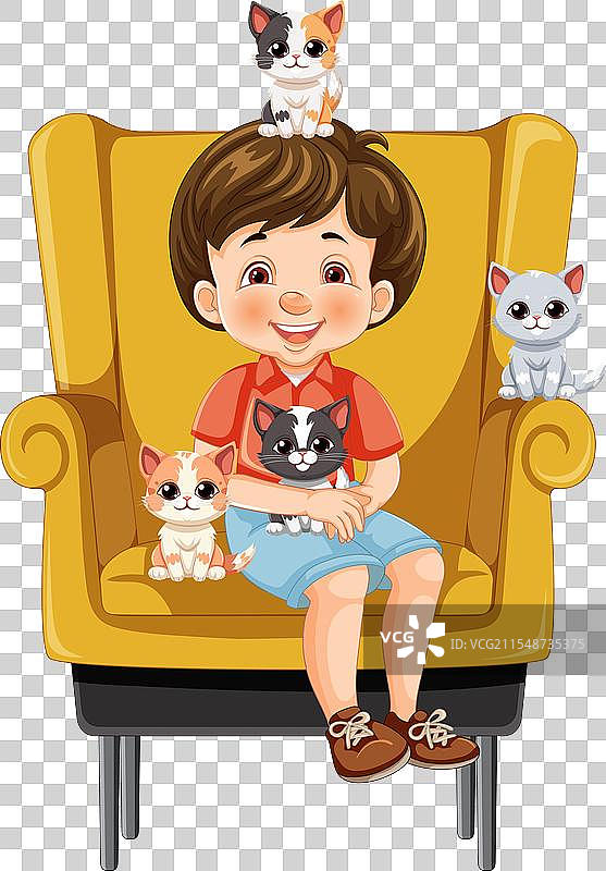 微笑的男孩坐在椅子上，身边有四只可爱的猫咪。图片素材